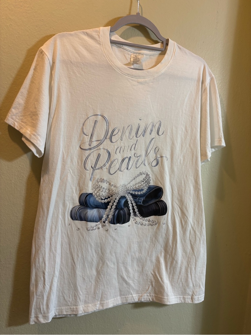 Denim and Pearls Graphic Tee - White with Blue Print